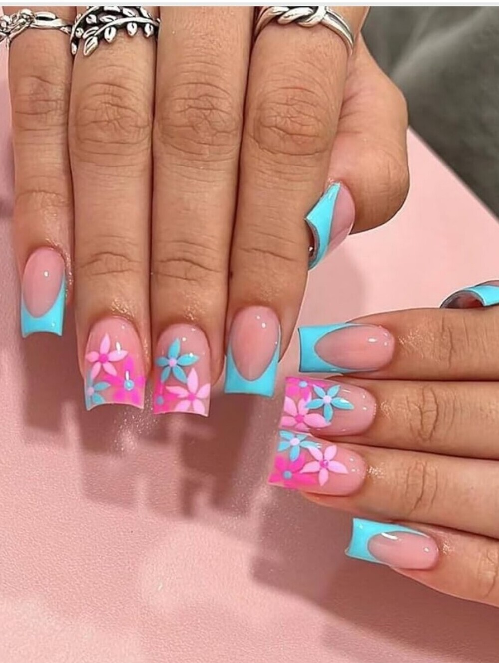Aqua & Pink Floral French Press-On Nails - Women Makeup Press-On Nails